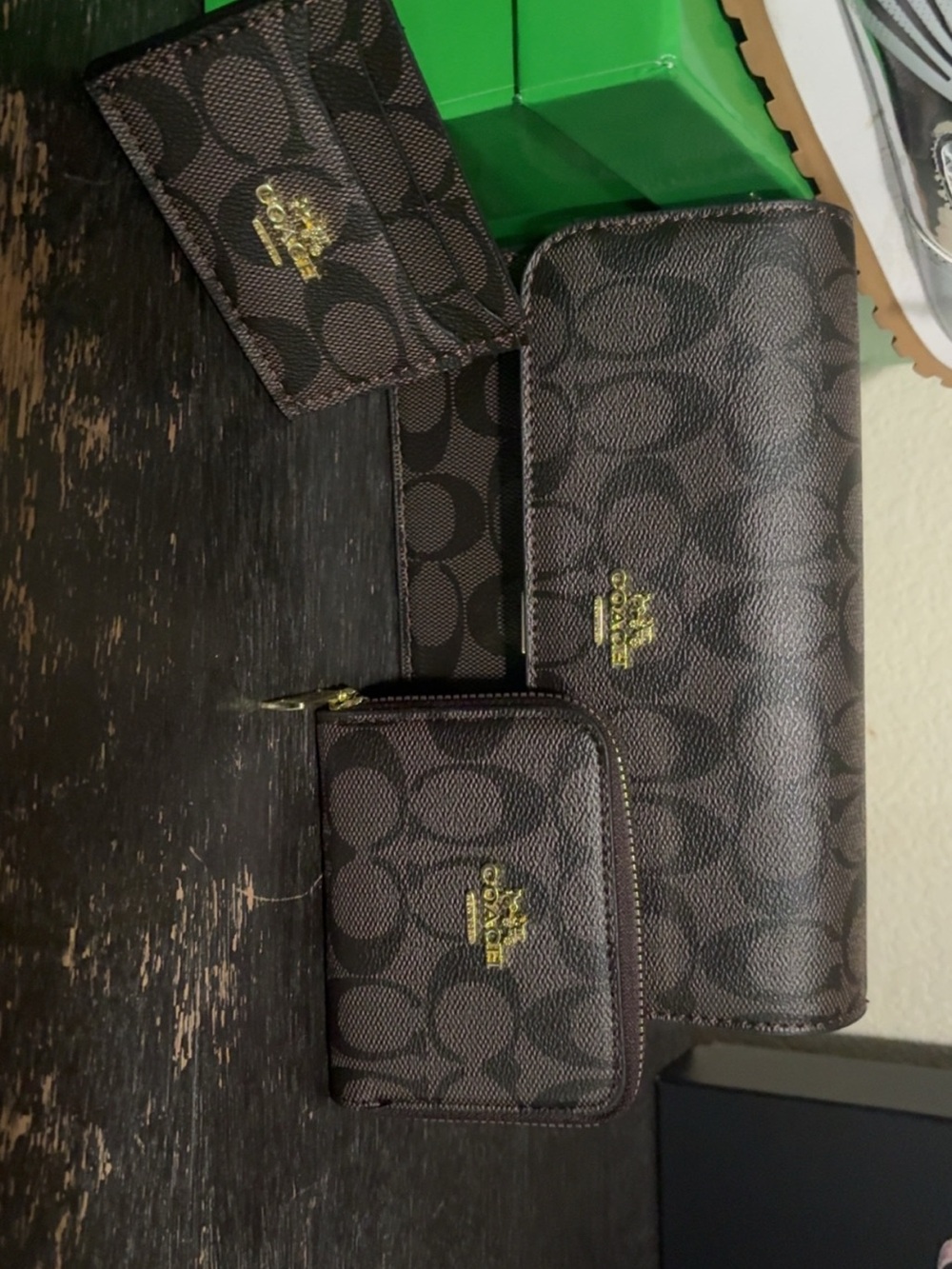 Coach Brown Signature Canvas Wallet Set with Gold Logo Hardware